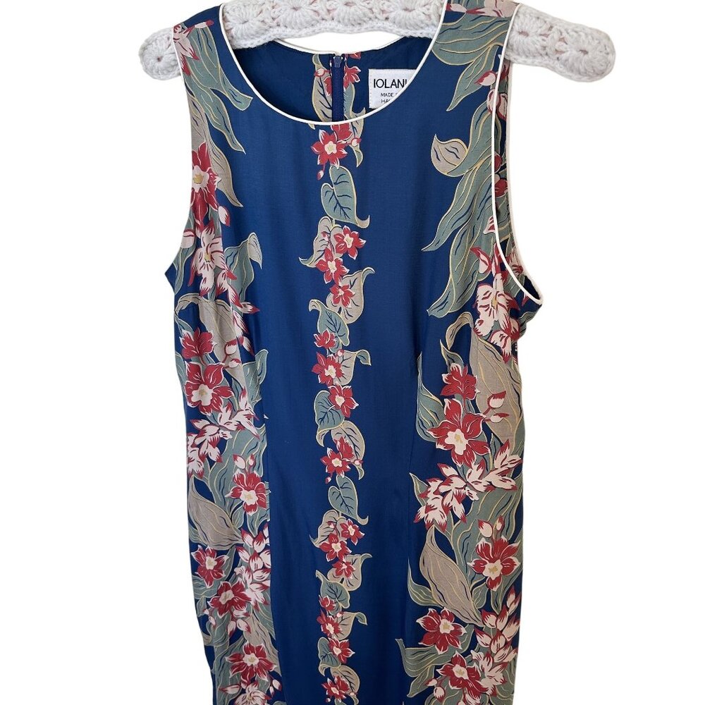 Vintage Iolani Hawaiian Womens Maxi Dress Medium Blue Floral Earth Tone Rayon